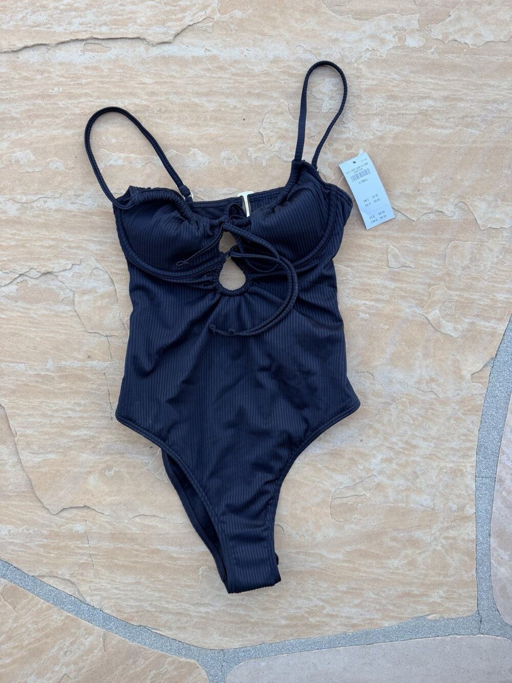 NEW Hollister XS Black Ribbed Bow Tie One Piece Swimsuit Babydoll Cut Out JW